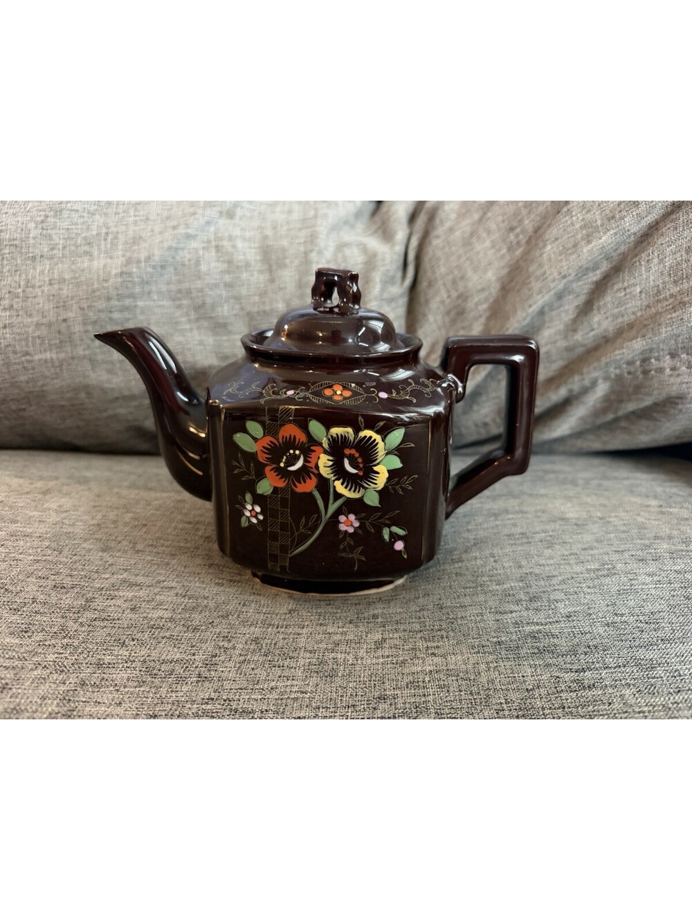 Vintage Made in Japan Brown Glazed Teapot Hand Painted Enamel Floral